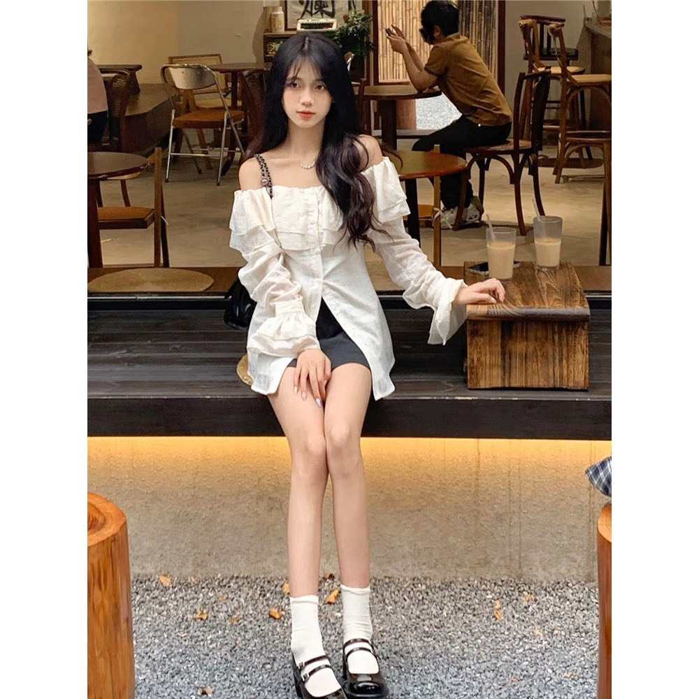 Áo Sơ Mi Trễ Vai Bánh Bèo Liệu Đũi Tay Loe Phong Cách Tiểu Thư