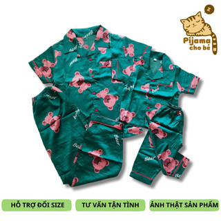 Set Pijama tay ngắn quần dài cho mẹ và bé vải Lụa Satin mềm đẹp mát hình Gấu xanh