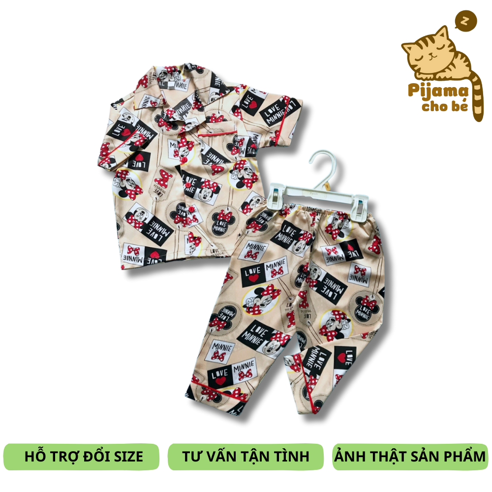 Pijama tay ngắn cho bé vải Lụa Satin mềm đẹp nhân vật hoạt hình ngộ nghĩnh size 1-9 tuổi 10-40kg