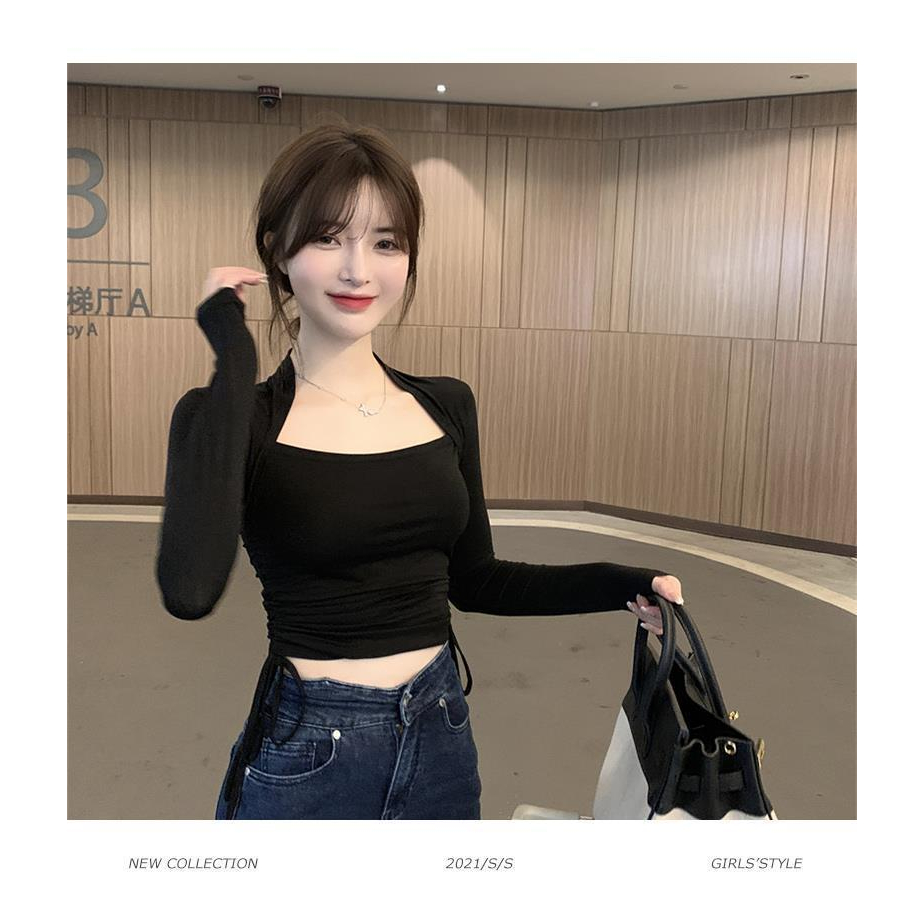 Áo Thun Nữ Dài Tay Cổ Vuông Nỉ Thu Đông Rút Hông Dáng Áo Croptop Vải Mềm Quảng Châu Cao Cấp LIZ-A350.1