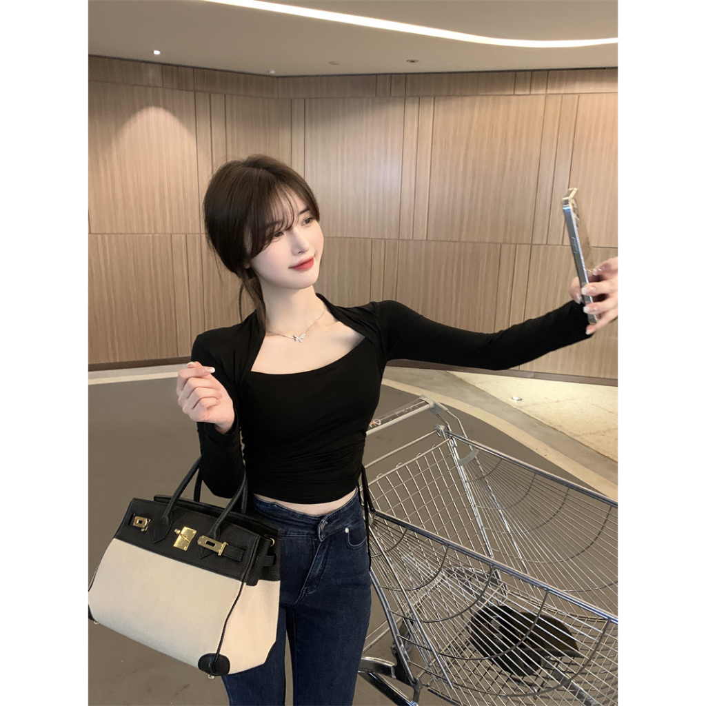 Áo Thun Nữ Dài Tay Cổ Vuông Nỉ Thu Đông Rút Hông Dáng Áo Croptop Vải Mềm Quảng Châu Cao Cấp LIZ-A350.1