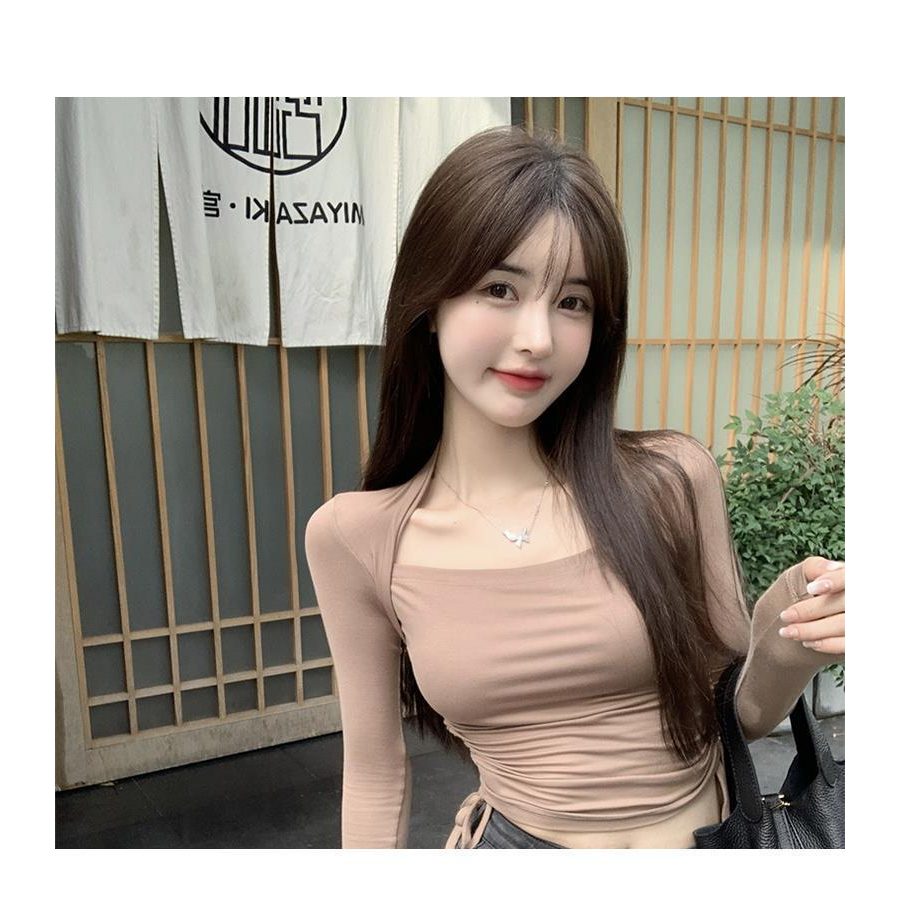 Áo Thun Nữ Dài Tay Cổ Vuông Nỉ Thu Đông Rút Hông Dáng Áo Croptop Vải Mềm Quảng Châu Cao Cấp LIZ-A350.1