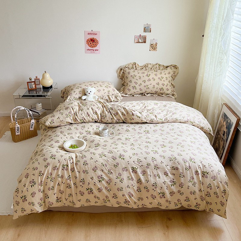 SET VỎ CHĂN GA GỐI cotton đũi xơ đậu nành màu hoa nâu hit hot 2023
