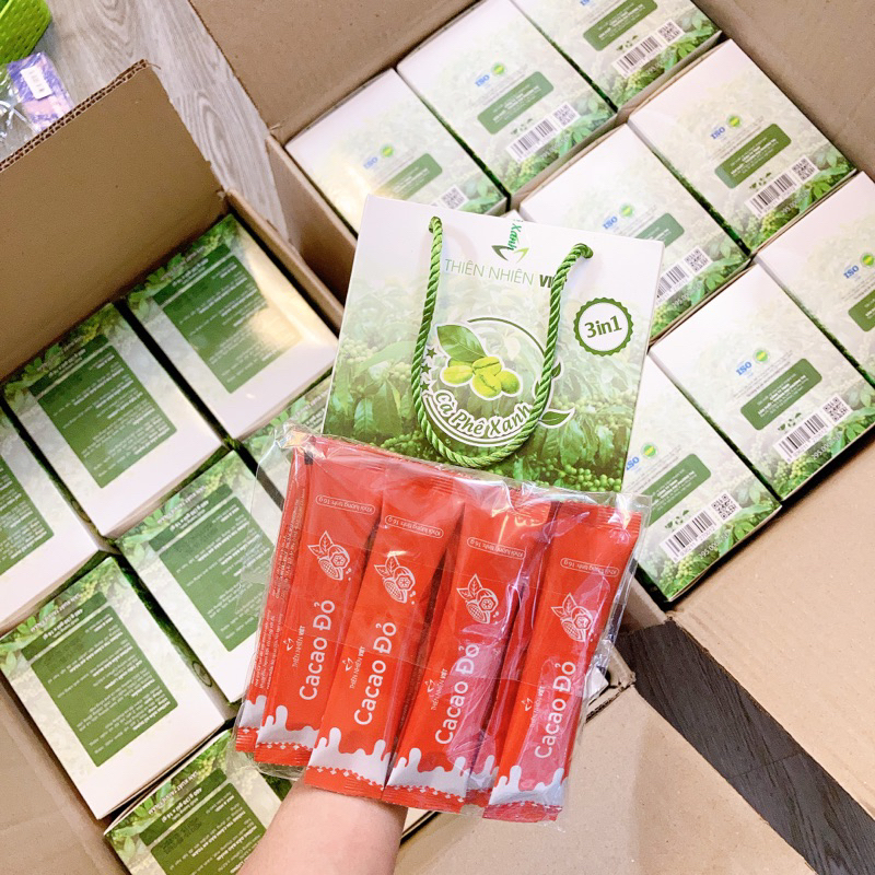 Cafe xanh giảm cân thiên nhiên việt hộp 30 gói chính hãng tặng kèm 8 gói ca cao đỏ