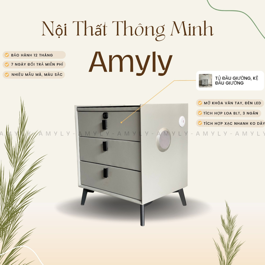 Tủ Đầu Giường AMYLY Kệ Đầu Giường Decor 3 Ngăn Nhiều Màu Tích Hợp Loa, Khóa Vân Tay, Sạc Nhanh Kích Thước D50*R40*C50cm
