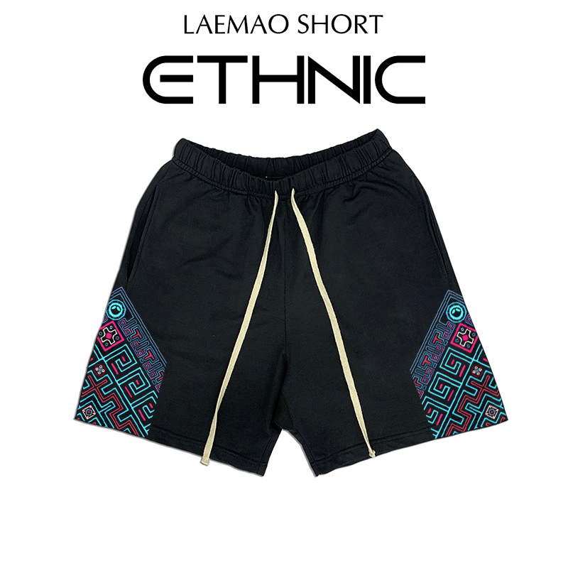 quần short nam LAEMAO chất cotton nỉ da cá, họa tiết ETHNIC