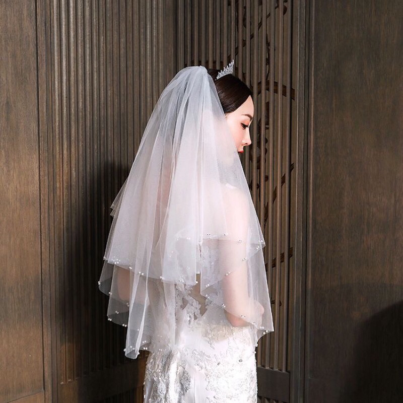 Lúp cô dâu biên đính hạt trai thưa có sẵn lược cài TH14