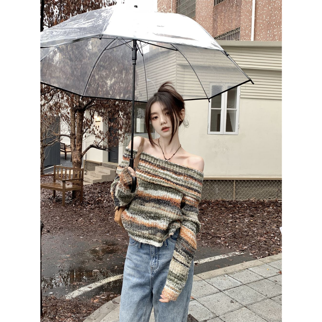 Áo len trễ vai tay dài, áo len trễ vai Retro dành cho nữ, áo len trễ vai sexy dành cho nữ