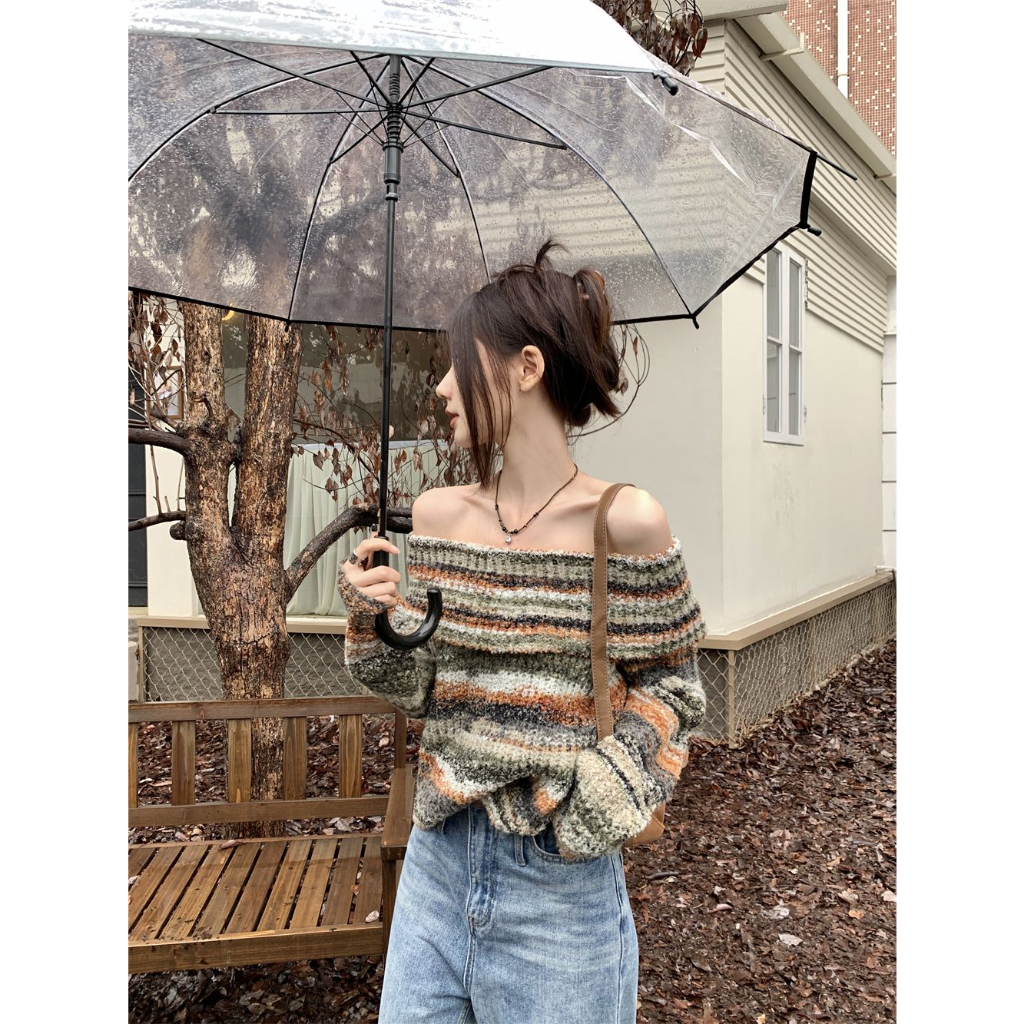 Áo len trễ vai tay dài, áo len trễ vai Retro dành cho nữ, áo len trễ vai sexy dành cho nữ