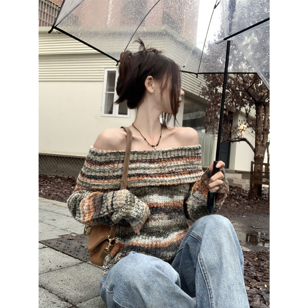 Áo len trễ vai tay dài, áo len trễ vai Retro dành cho nữ, áo len trễ vai sexy dành cho nữ