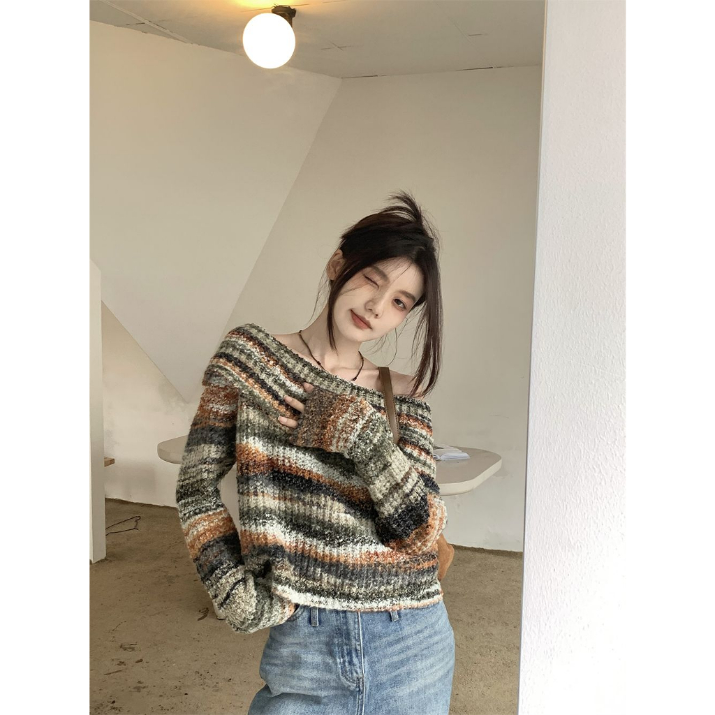 Áo len trễ vai tay dài, áo len trễ vai Retro dành cho nữ, áo len trễ vai sexy dành cho nữ