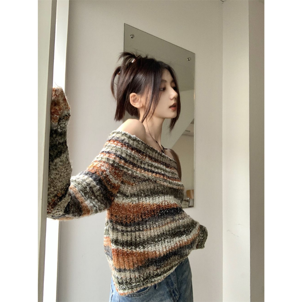 Áo len trễ vai tay dài, áo len trễ vai Retro dành cho nữ, áo len trễ vai sexy dành cho nữ