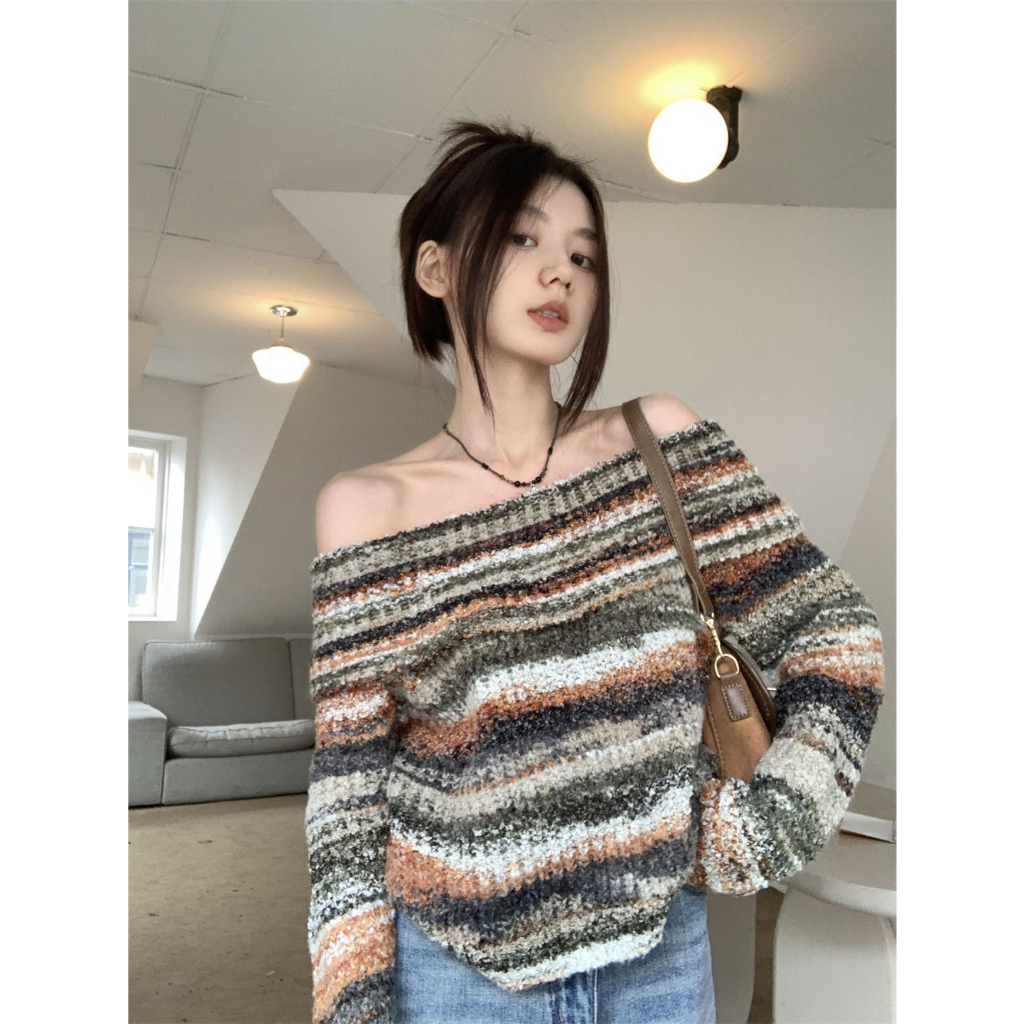 Áo len trễ vai tay dài, áo len trễ vai Retro dành cho nữ, áo len trễ vai sexy dành cho nữ