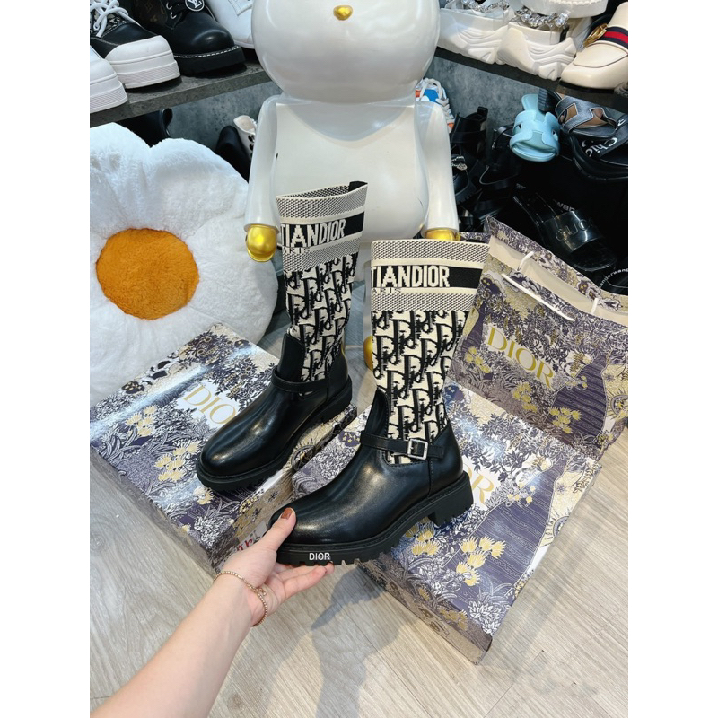 ( SẴN ) Giày Boots Lửng Chun Thổ Cẩm Phối Da Di_or Full Box