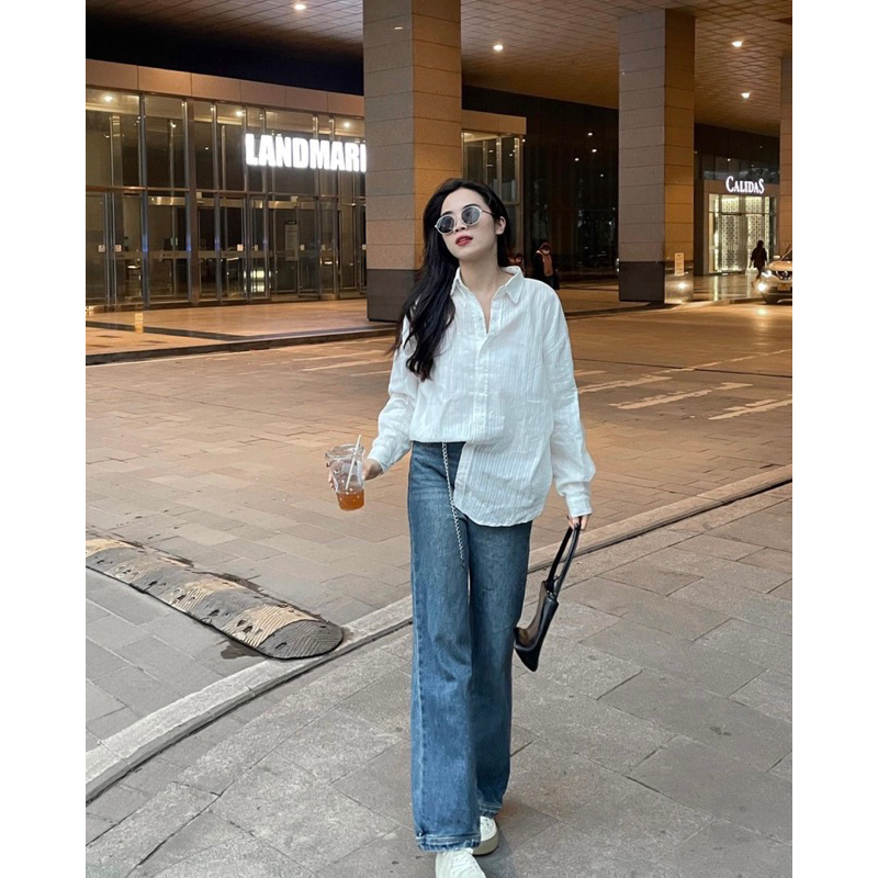 ÁO SƠMI TRẮNG VẢI THÔ SỌC CHÌM phù hợp đi làm, đi học, đi chơi