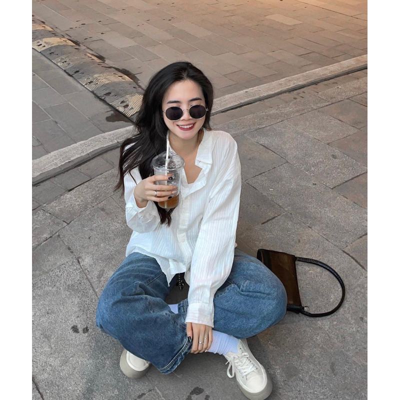 ÁO SƠMI TRẮNG VẢI THÔ SỌC CHÌM phù hợp đi làm, đi học, đi chơi