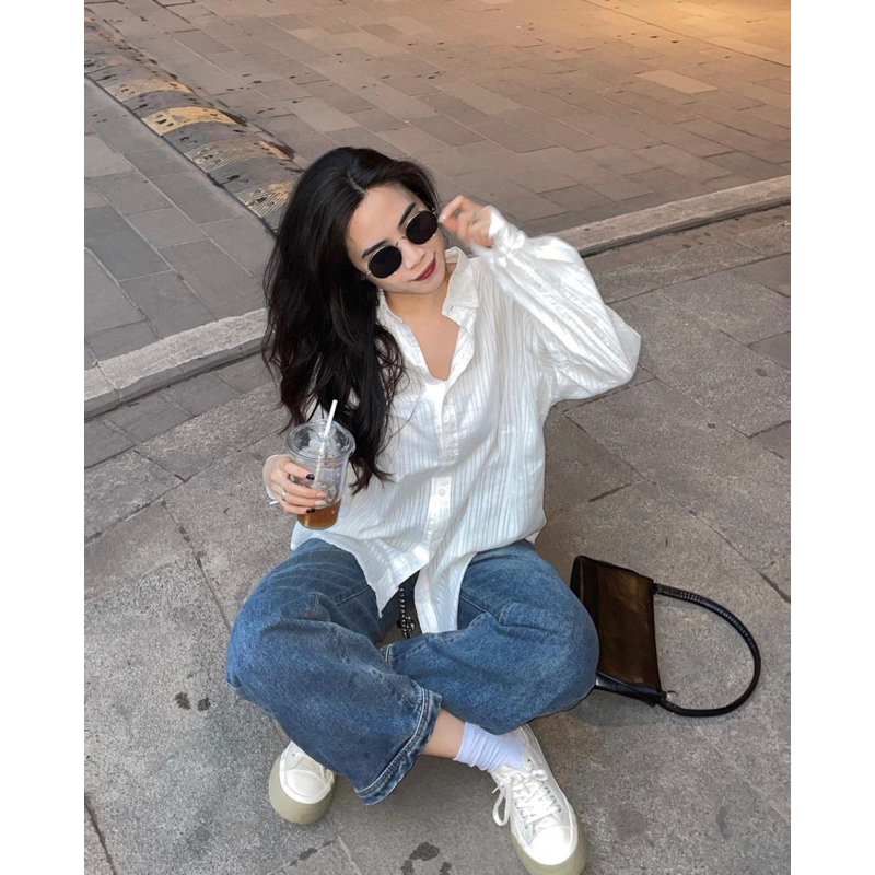 ÁO SƠMI TRẮNG VẢI THÔ SỌC CHÌM phù hợp đi làm, đi học, đi chơi