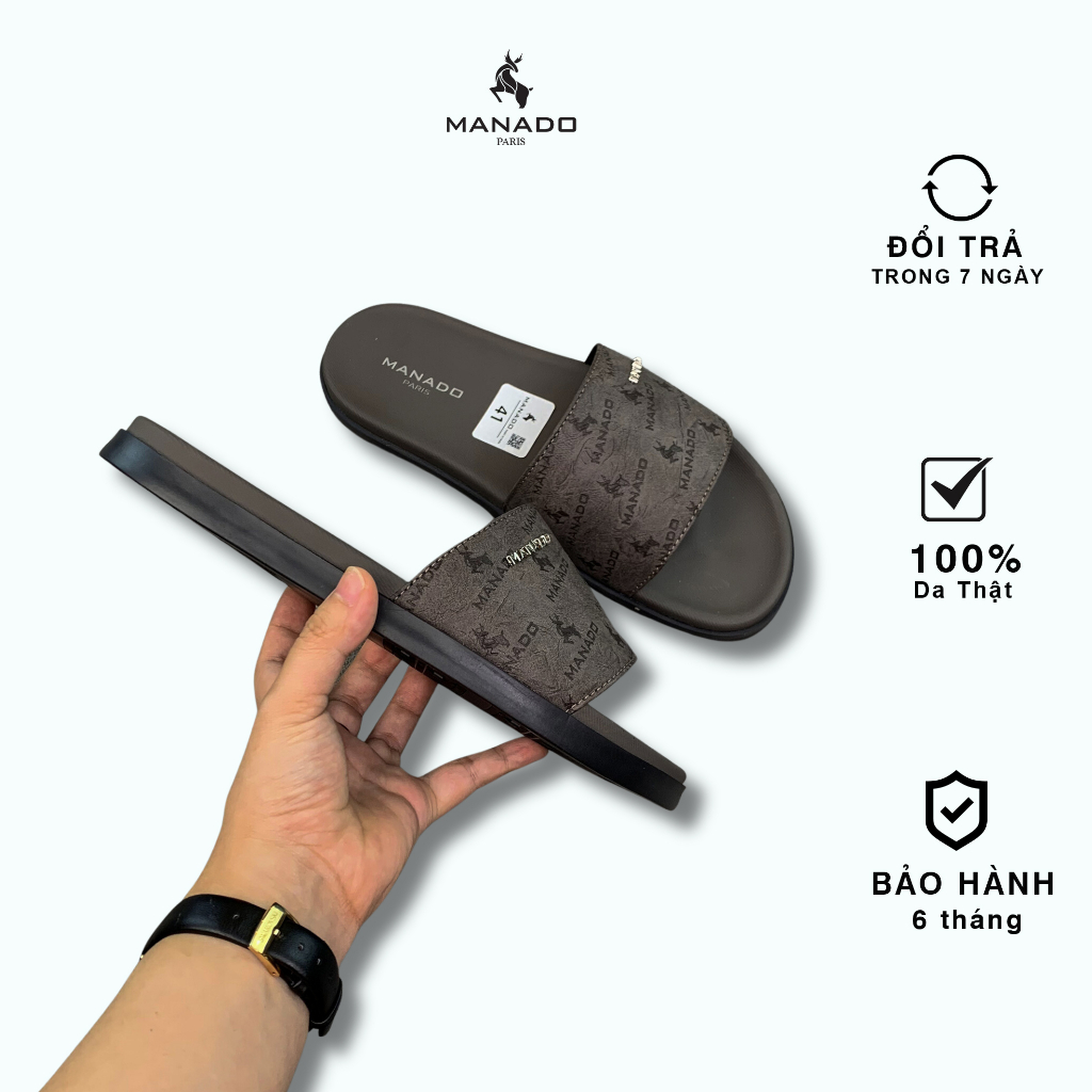 Dép da nam quai ngang cao cấp Manado Mã MND18 màu xám fullbox, quai da mềm mại, đế cao su thiết kế chắc chắn