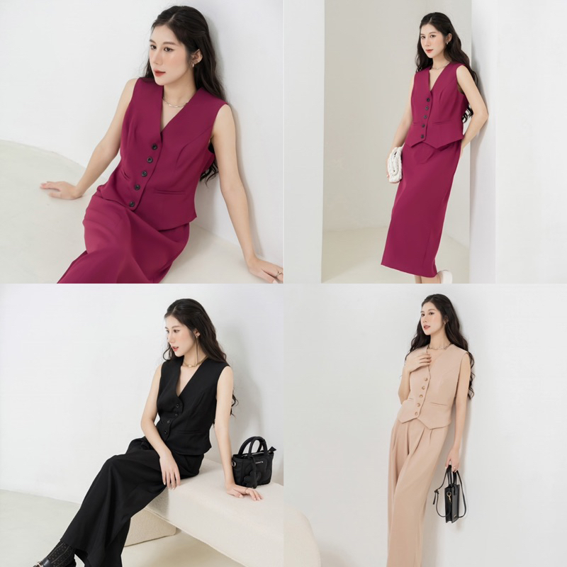 Set gồm Áo gile + Chân váy + Quần ống rộng ( Có bán tách rời )