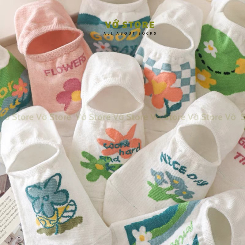 Vớ lười nữ Flower, tất cổ ngắn nữ chất liệu cotton khử mùi kháng khuẩn có silicon chống tuột gót