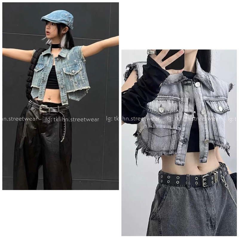 (SẴN) TKLIHN Áo gile JEANS rách loang màu cá tính HOT FASHION 2022