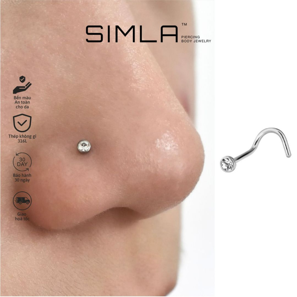 Khuyên mũi xoắn đá trắng 2mm bằng Thép không gỉ 316L - Simla Body Jewelry