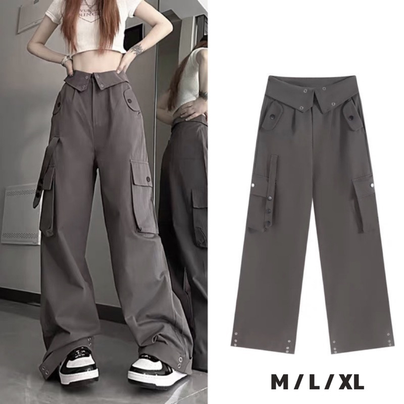 Quần kaki Cargo cổ bẻ PHỐI DÂY màu ĐEN/XÁM dài suông ống rộng túi hộp form nam nữ unisex 🖤 Quần baggy kaki Ulzzang 🖤