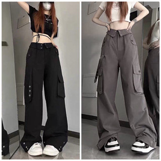 Quần kaki Cargo cổ bẻ PHỐI DÂY màu ĐEN/XÁM dài suông ống rộng túi hộp form nam nữ unisex style Ulzzang 🖤