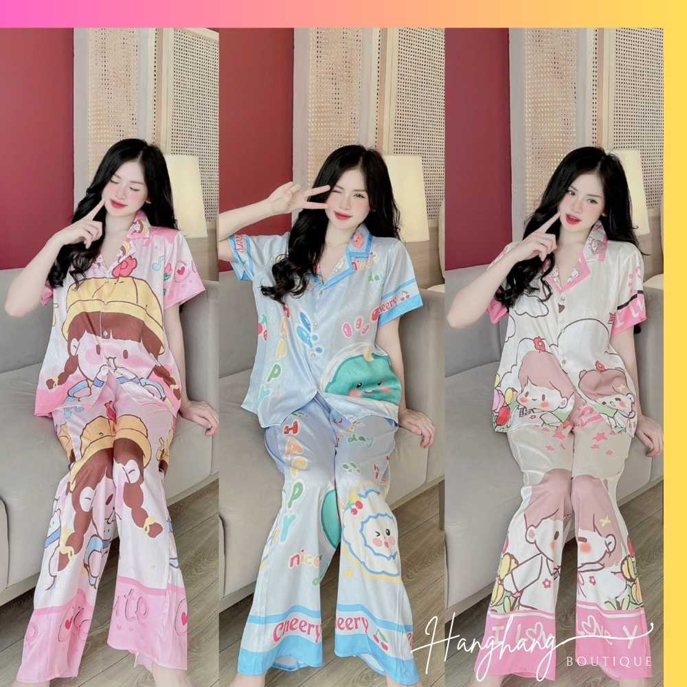Bộ đồ ngủ bigsize, pijama cộc tay quần dài lụa, đồ bộ lụa xước nữ, đồ mặc nhà giá rẻ, đồ ngủ gấu dâu cute mới