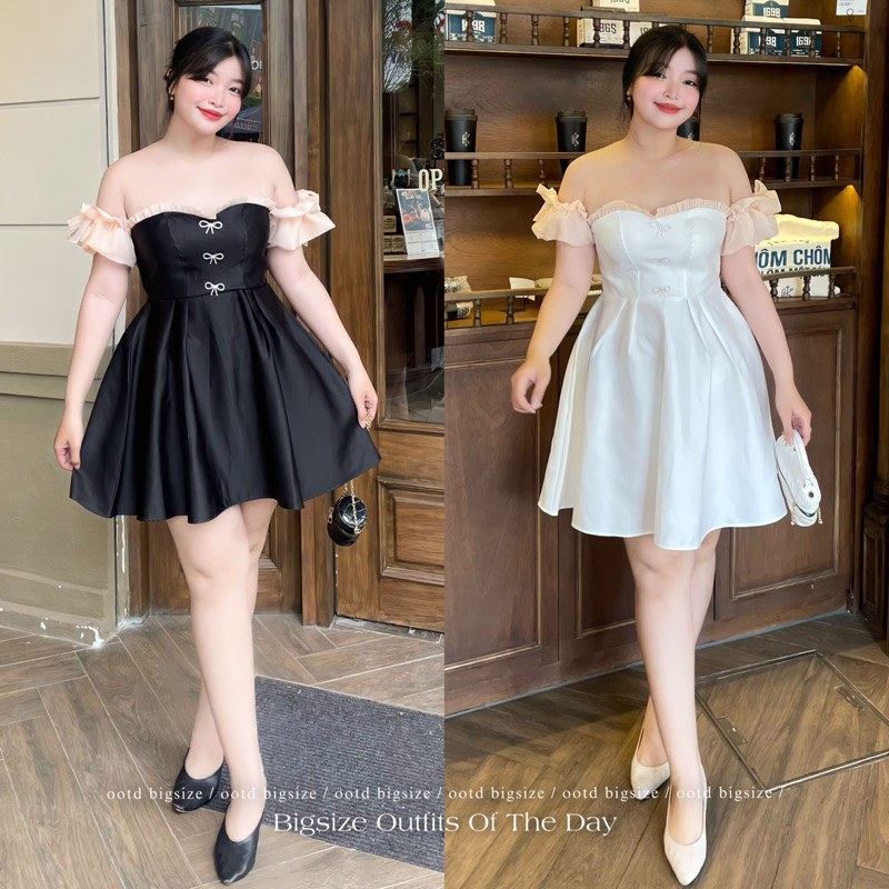 OOTD BIGSIZE | Đầm đi tiệc tafta trễ vai viền voan đính nơ đá