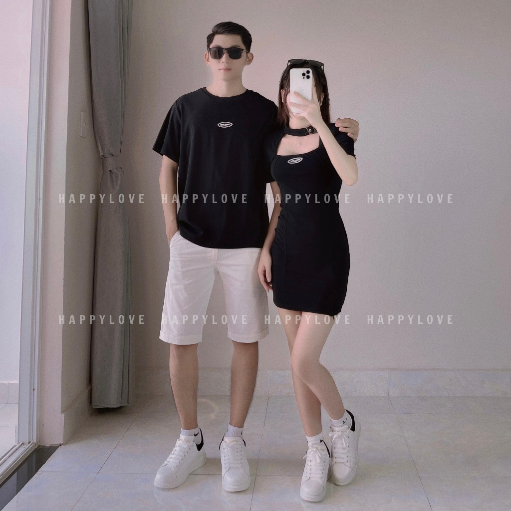 Đồ đôi nam nữ mùa hè set couple áo nam đầm nữ ngắn tay HAPPYLOVE màu đen cổ choker thời trang M116