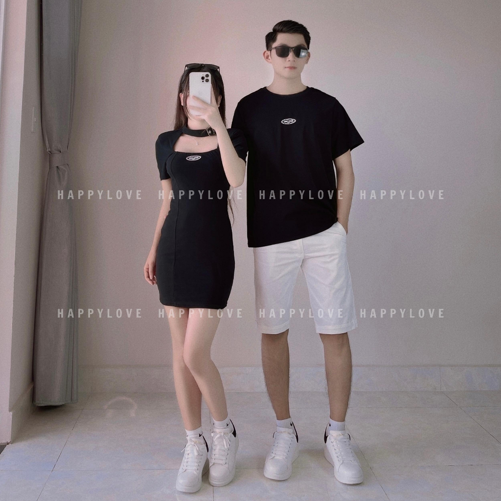 Đồ đôi nam nữ mùa hè set couple áo nam đầm nữ ngắn tay HAPPYLOVE màu đen cổ choker thời trang M116