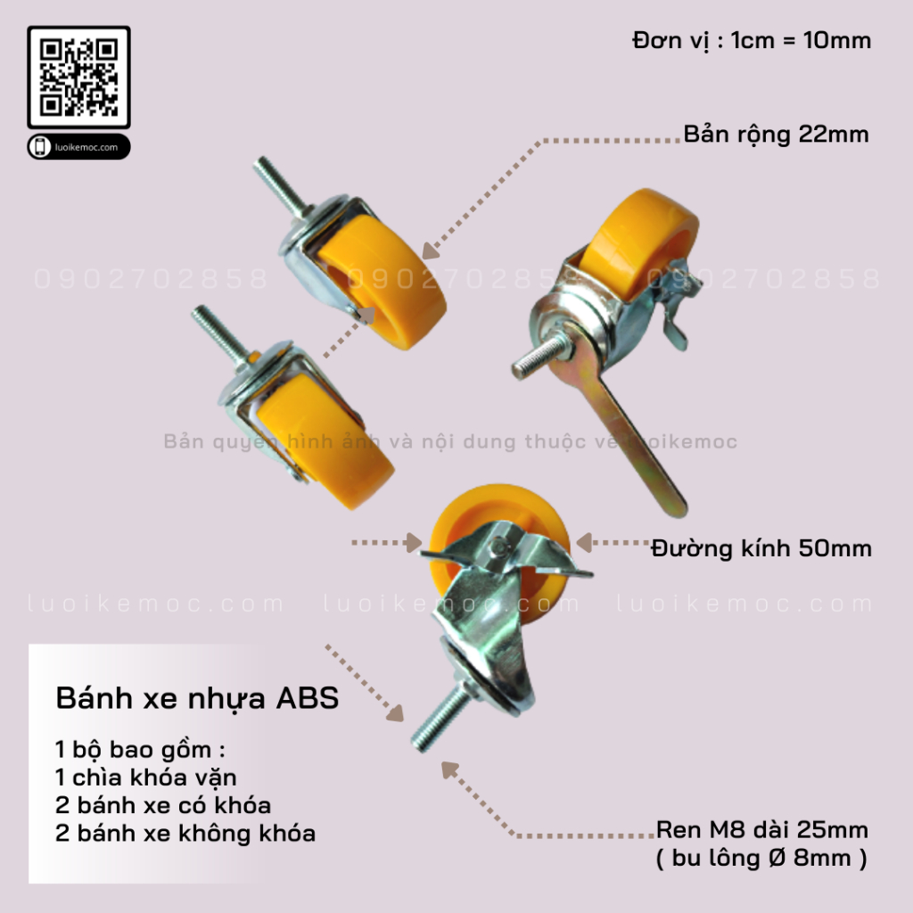 Combo 4 Bánh xe đẩy chịu lực có khoá - Bước ren 8mm, đường kính 50mm chạy êm - TẶNG KÈM CHÌA KHÓA VẶN