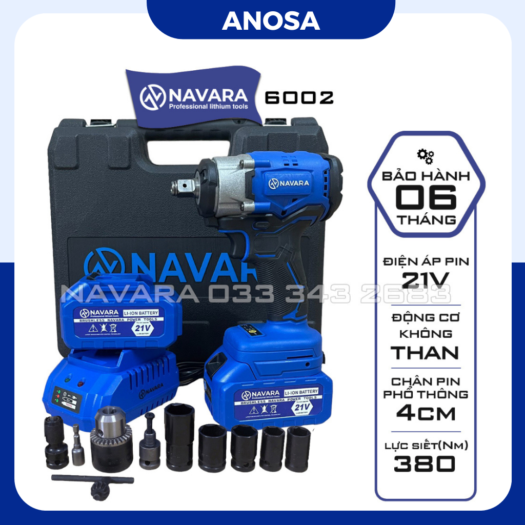 Máy siết bulong Navara 6002, máy bắn bulong lực siết 380n.m động cơ không chổi than
