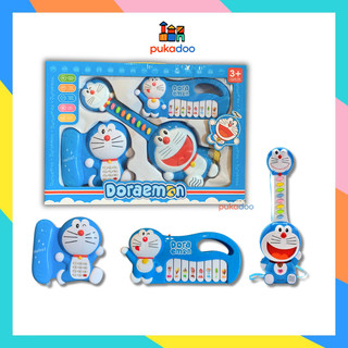 Bộ 3 đồ chơi đàn guitar, organ, điện thoại hình doraemon dùng pin phát nhạc cho bé, hộp quà tặng bé trai bé gái.