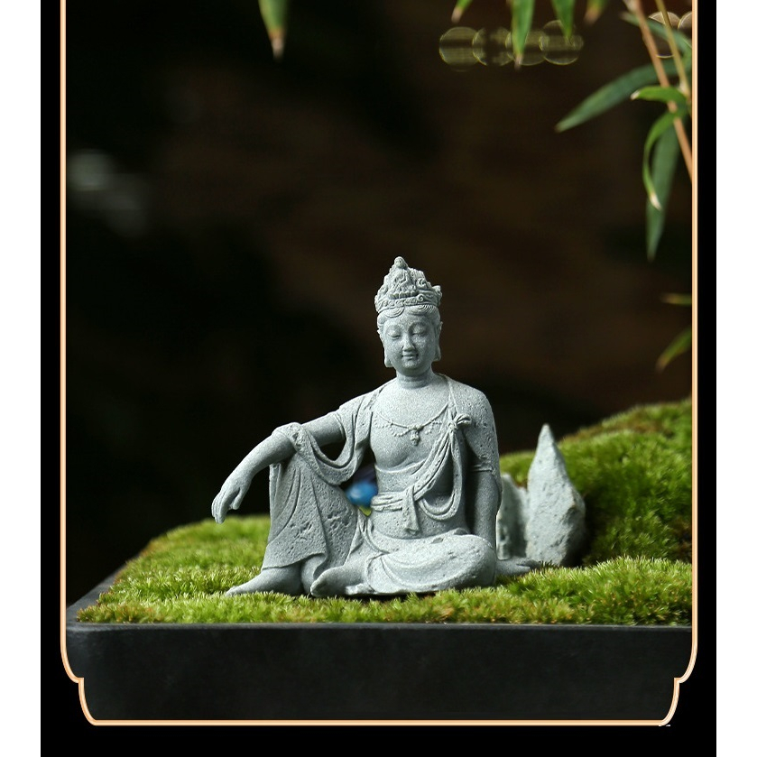 Tượng Quan Âm Tự Tại Bằng Đá Sa Thạch Xanh Dùng Trang Trí Tiểu Cảnh, Bonsai, Thủy Sinh Bể Bán Cạn Terrarium