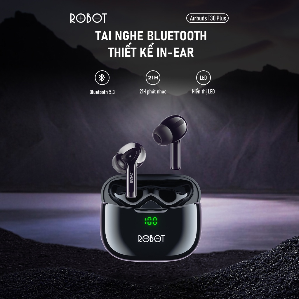 Tai Nghe Không Dây True Wireless Robot T30 Plus Led Hiển Thị Mức Pin Playtime 21H Chống Nước IPX4 - Hàng Chính Hãng