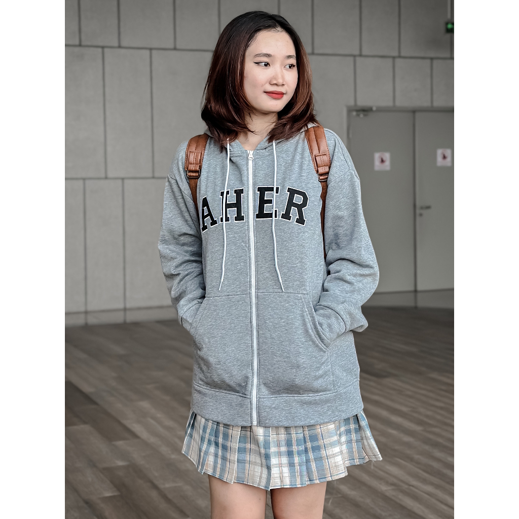 Áo khoác hoodie nỉ bông dây kéo AHER form rộng unisex nam nữ Zoozoo