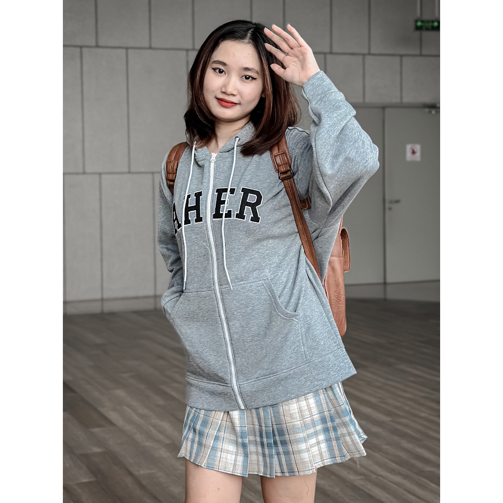 Áo khoác hoodie nỉ bông dây kéo AHER form rộng unisex nam nữ Zoozoo