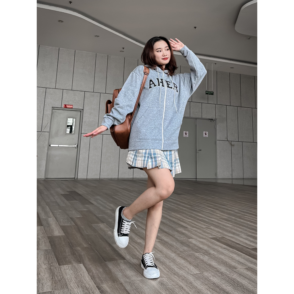 Áo khoác hoodie nỉ bông dây kéo AHER form rộng unisex nam nữ Zoozoo