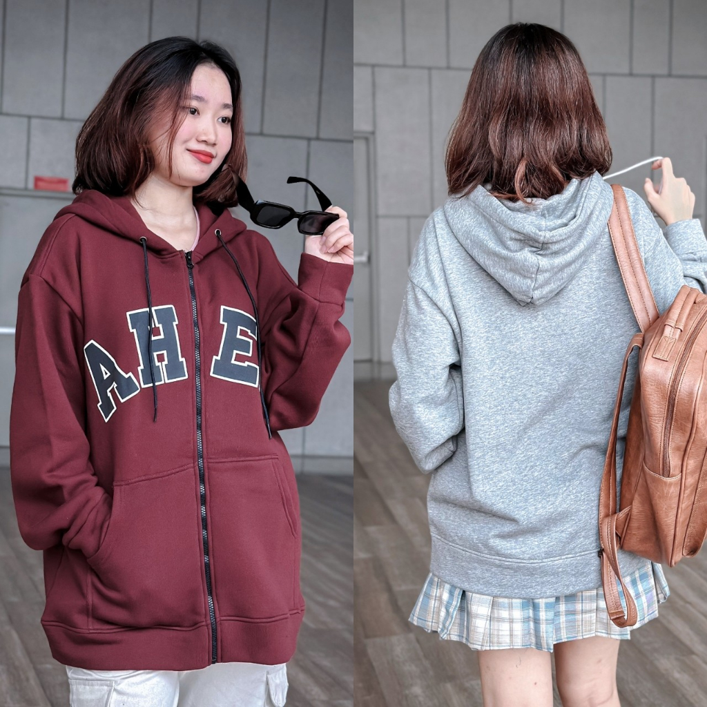 Áo khoác hoodie nỉ bông dây kéo AHER form rộng unisex nam nữ Zoozoo