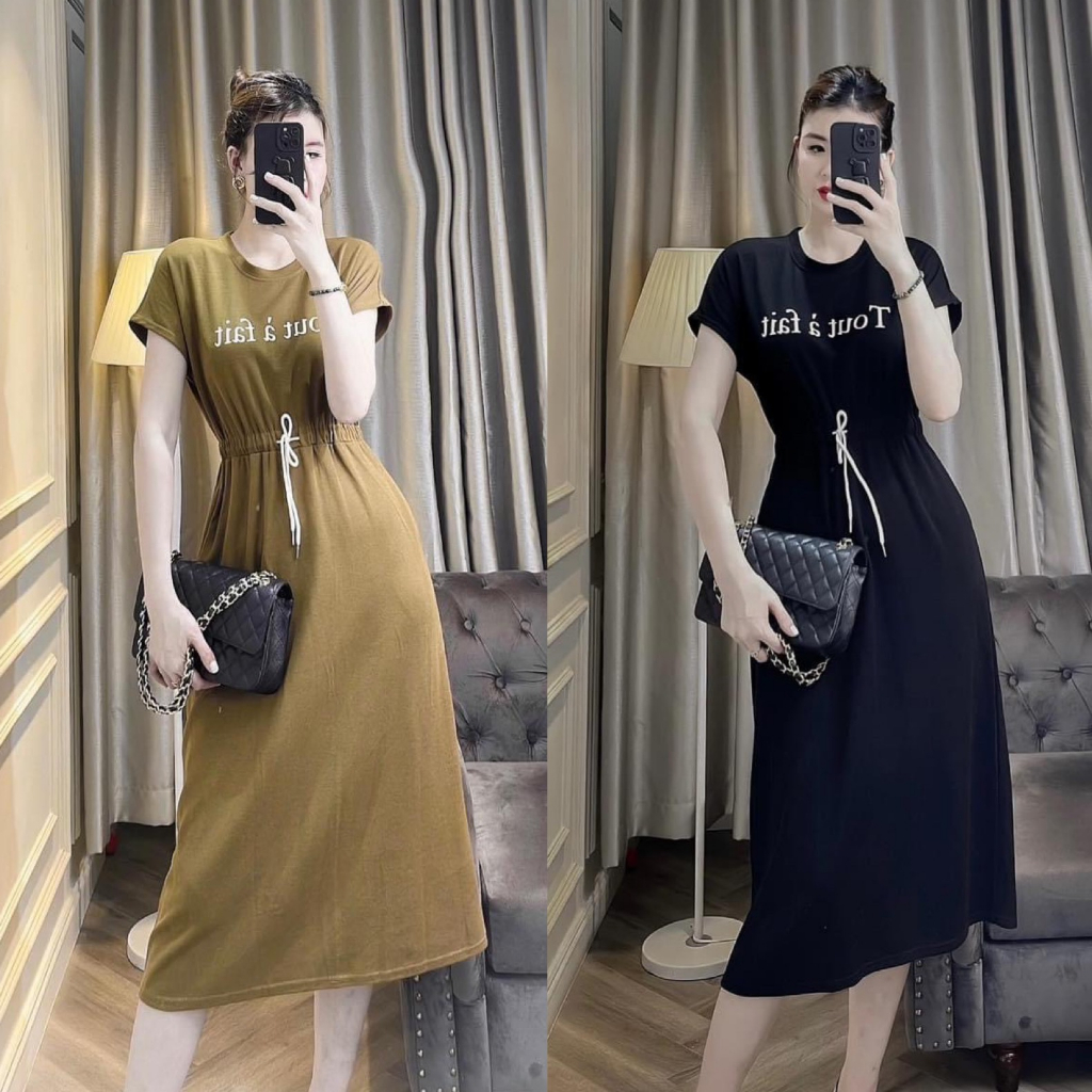 Đầm váy nữ suông rút dây cánh dơi phối chữ với tone màu thời trang tôn da, xinh xắn cho các nàng diện đi chơi, hẹn hò