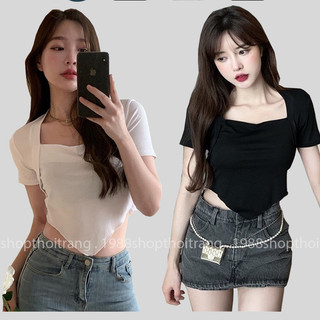 Áo croptop cổ vuông vạt yếm tay ngắn quanaophukien