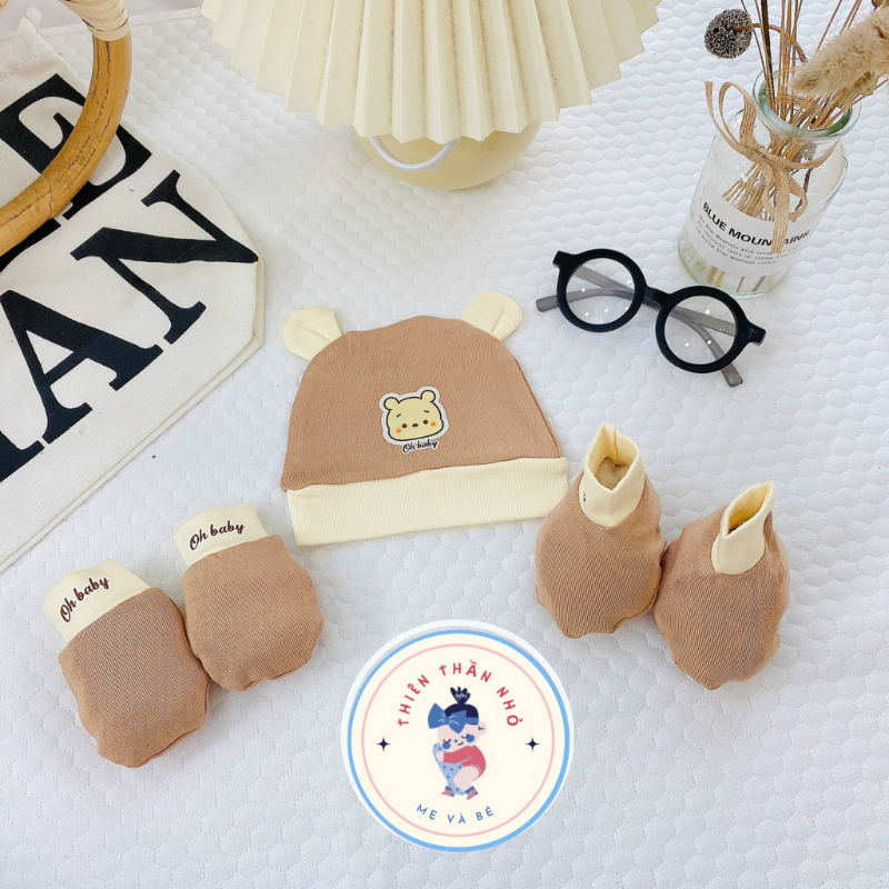 Set mũ bao tay chân cho bé sơ sinh chất cotton thun lạnh mềm mại cho bé trai và gái