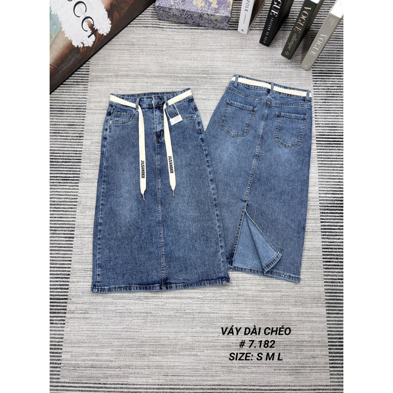 Chân váy jean dài co dãn xẻ tà kèm dây các mẫu hot hàng QCCC