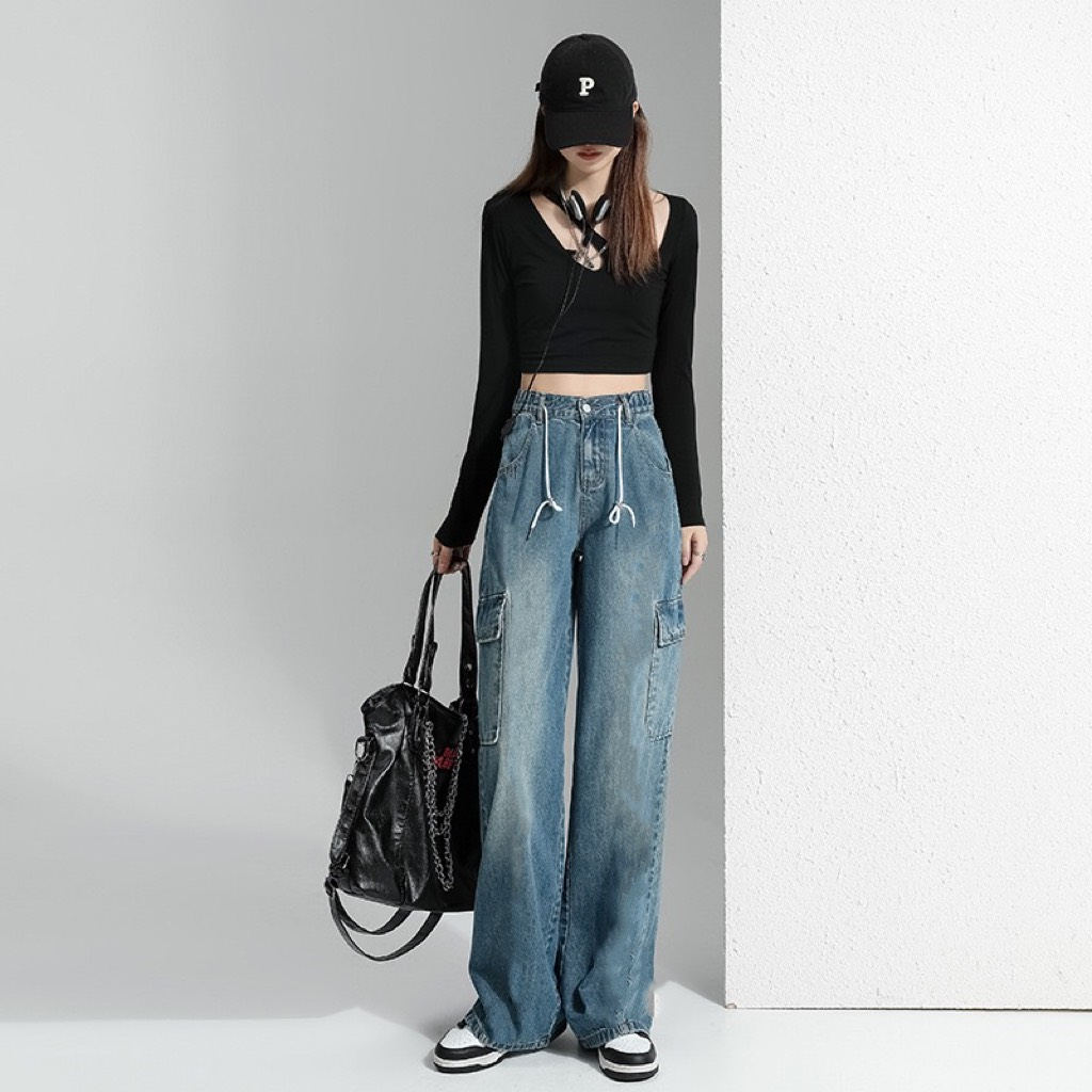 Quần jeans ống rộng túi hộp dây rút phong cách ulzzang - Retrostyle - QuanJeandayrutbung9899_P0K42