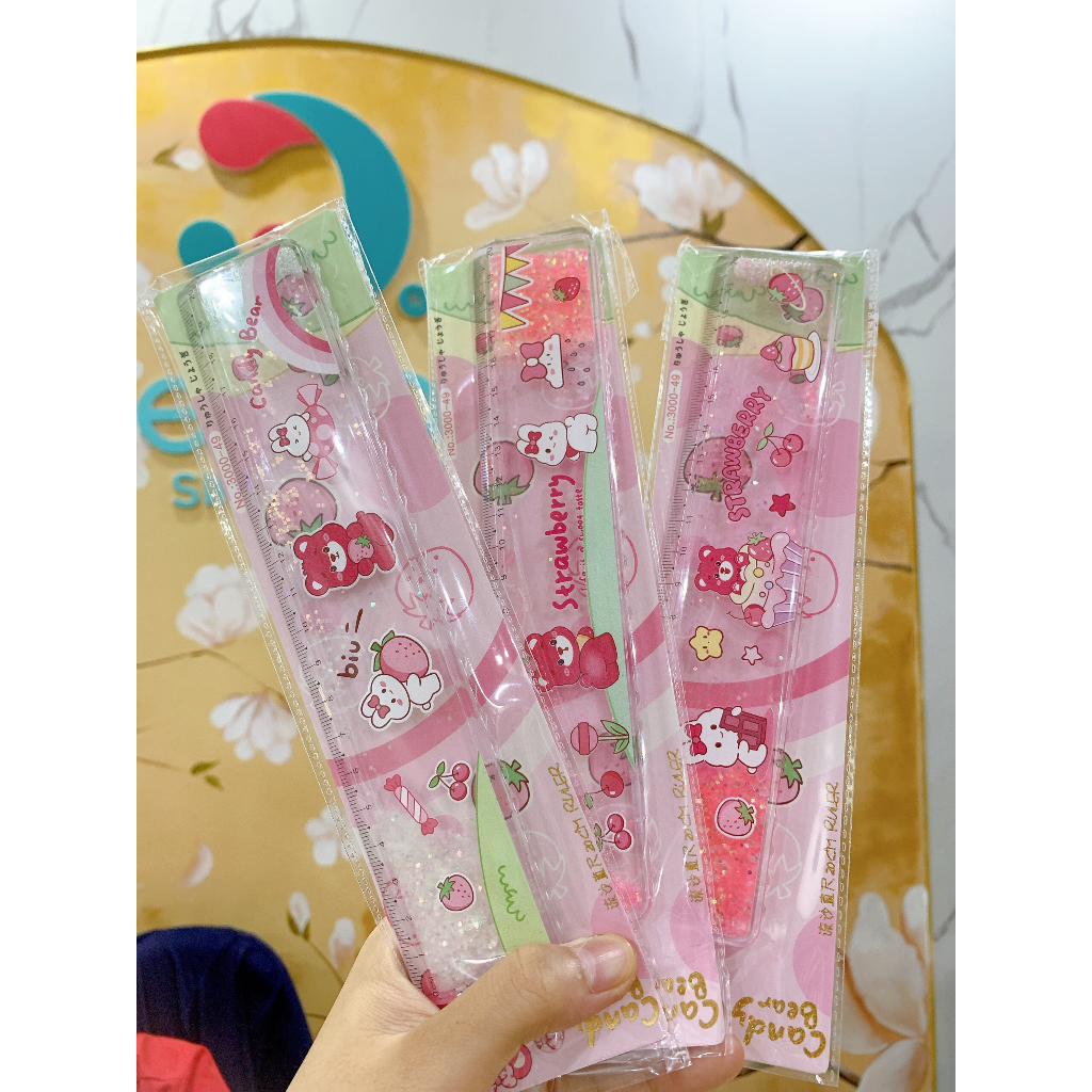 Thước Kim Tuyến Nước Chảy Mẫu Gấu Dâu Và Nhiều Hình Kute Dày Dặn 20cm