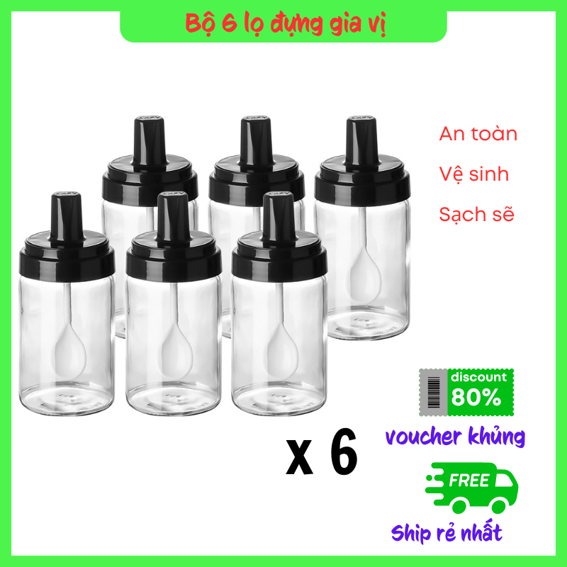 Bộ 6 lọ đựng gia vị kèm thìa, hủ đựng gia vị thuỷ tinh kèm thìa đảm bảo an toàn vệ sinh, hộp đựng gia vị 300ml