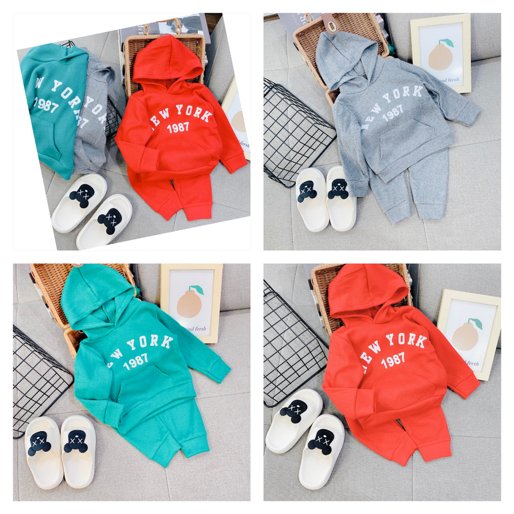 Đồ bộ thu đông kiểu Hoodie cho bé trai và bé gái, bộ quần áo dài tay có mũ phong cách thể thao cho bé
