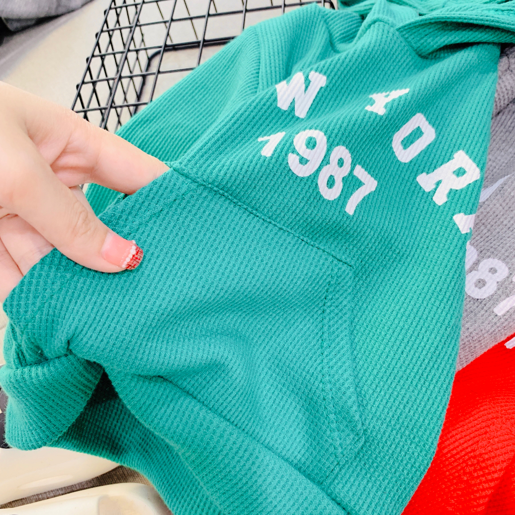 Đồ bộ thu đông kiểu Hoodie cho bé trai và bé gái, bộ quần áo dài tay có mũ phong cách thể thao cho bé